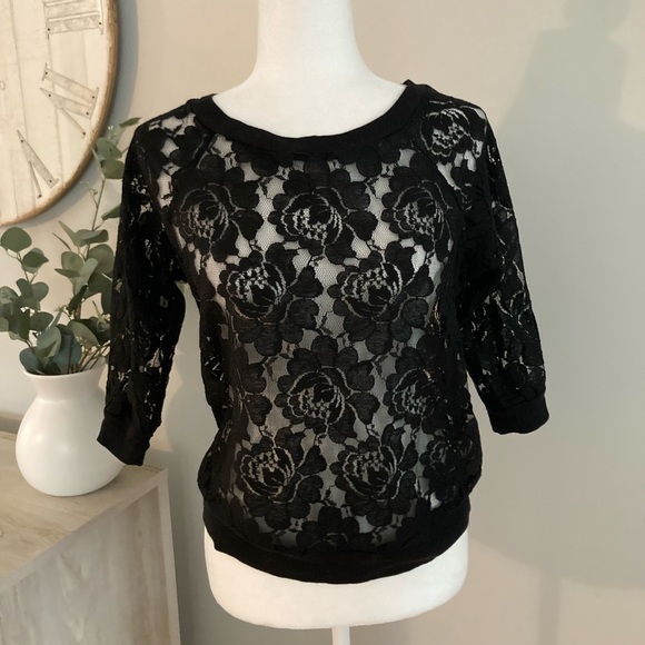 Monteau Tops - Monteau Los Angeles Black Floral Sheer Lace Top